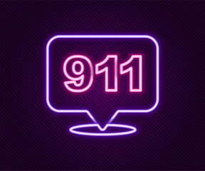 Poster - Glowing neon line Telephone with emergency call 911 icon isolated on black background. Police, ambulance, fire department, call, phone. Colorful outline concept. Vector