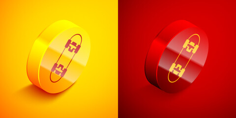 Poster - Isometric Skateboard icon isolated on orange and red background. Extreme sport. Sport equipment. Circle button. Vector