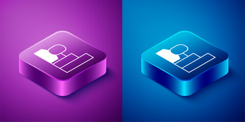 Sticker - Isometric Productive human icon isolated on blue and purple background. Idea work, success, productivity, vision and efficiency concept. Square button. Vector