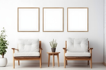 Two armchairs in room with white wall and big frame poster on it. Scandinavian style interior design of modern living room. 