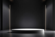 Empty Black Rounded Futuristic Pedestal With White Lights Background For Product Placement