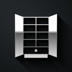 Sticker - Silver Wardrobe icon isolated on black background. Cupboard sign. Long shadow style. Vector