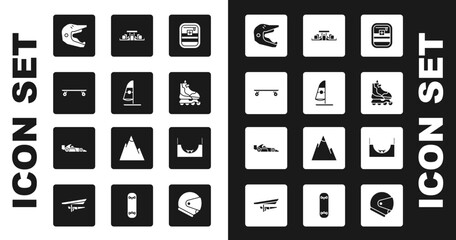 Set First aid kit, Windsurfing, Longboard or skateboard, Motocross motorcycle helmet, Roller, Formula 1 racing car, Skate park and icon. Vector