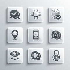 Poster - Set System bug, Safe combination lock, Cyber security, Smartphone, Eye scan, Check mark speech bubble and Fingerprint icon. Vector