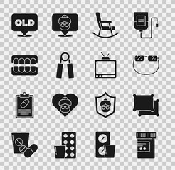 Sticker - Set Medicine bottle and pills, Pillow, Eyeglasses, Rocking chair, Sport expander, False jaw, Nursing home and Retro tv icon. Vector