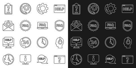 Wall Mural - Set line Browser with question mark, Support operator in touch, Shield text FAQ, Telephone 24 hours support, Label, Envelope setting, Clipboard marks and Laptop and icon. Vector