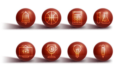 Poster - Set line Ringing bell, Chalkboard, Test tube and flask, Light bulb with concept of idea, Award cup, Basketball ball, Pencil eraser and Calculator icon. Vector