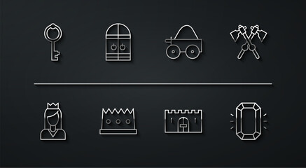 Wall Mural - Set line Old key, Princess, Crossed medieval axes, Medieval castle gate, King crown, Diamond and Wooden four-wheel cart icon. Vector