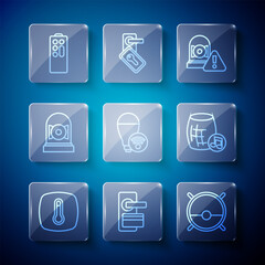 Poster - Set line Thermostat, Digital door lock, Robot vacuum cleaner, Ringing alarm bell, Smart light bulb, Remote control and Voice assistant icon. Vector