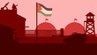 Palestine military base landscape vector illustration. Silhouette of military base with tank and palestine flag. Military illustration for background, wallpaper, issue and conflict