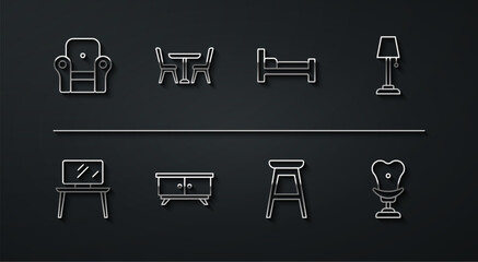 Poster - Set line Armchair, TV table stand, Floor lamp, Chair, Furniture nightstand, Table with, and Bed icon. Vector