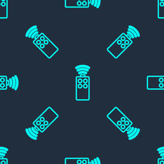 Wall Mural - Green line Remote control for the camera icon isolated seamless pattern on blue background. An auxiliary device that allows you to work with a camera from a distance. Vector