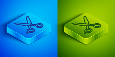 Canvas Print - Isometric line Scissors hairdresser icon isolated on blue and green background. Hairdresser, fashion salon and barber sign. Barbershop symbol. Square button. Vector