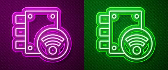 Poster - Glowing neon line Digital door lock with wireless technology for unlock icon isolated on purple and green background. Door handle sign. Security smart home. Vector