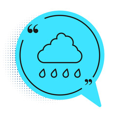 Sticker - Black line Cloud with rain icon isolated on white background. Rain cloud precipitation with rain drops. Blue speech bubble symbol. Vector