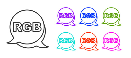 Sticker - Black line Speech bubble with RGB and CMYK color mixing icon isolated on white background. Set icons colorful. Vector