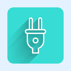 Poster - White line Electric plug icon isolated with long shadow background. Concept of connection and disconnection of the electricity. Green square button. Vector