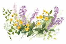 Illustration Of Vertical Spring With Lilac And Yellow Wildflowers On A White Background. Generative AI