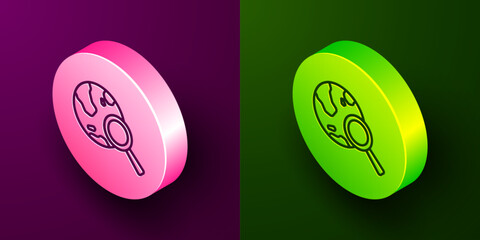 Sticker - Isometric line Magnifying glass with globe icon isolated on purple and green background. Analyzing the world. Global search sign. Circle button. Vector