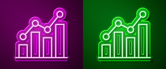 Poster - glowing neon line pie chart infographic icon isolated on purple and green background. diagram chart 