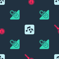 Sticker - Set Unknown search, Music note, tone and Paper clip on seamless pattern. Vector