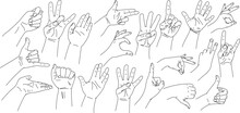Hand Collection Line. Vector Illustration Of Hands Of Different Gestures - Victory, Okay. Lineart In A Trendy Minimalist Style. Logo Design, Hand Cream, Nail Studio, Posters, Cards. 