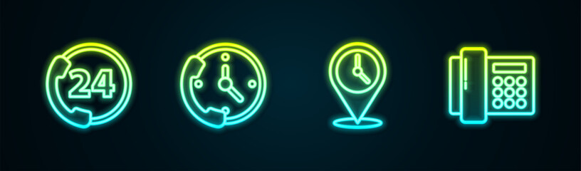 Poster - Set line Telephone 24 hours support, , Location with clock and . Glowing neon icon. Vector