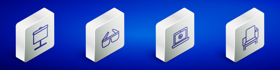 Sticker - Set Isometric line Projection screen, 3D cinema glasses, Online play video and Cinema chair icon. Vector