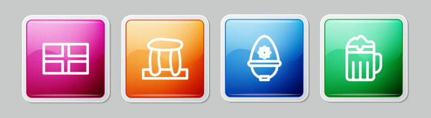 Sticker - Set line Flag of England, Stonehenge, British police helmet and Wooden beer mug. Colorful square button. Vector