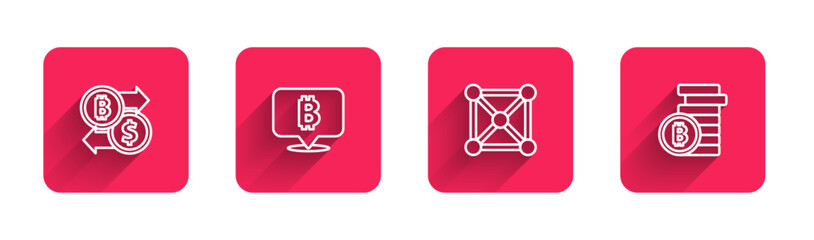 Sticker - Set line Cryptocurrency exchange, Bitcoin, Blockchain technology and with long shadow. Red square button. Vector