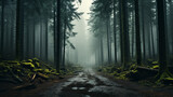 Fototapeta Natura - breathtaking landscape with road in the misty woods background 16:9 widescreen backdrop wallpapers