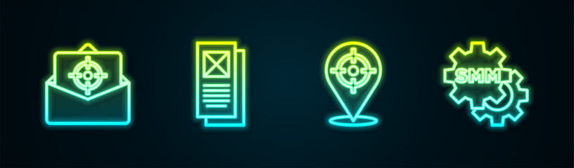 Sticker - Set line Mail and e-mail, Browser window, Target sport and Social media marketing. Glowing neon icon. Vector