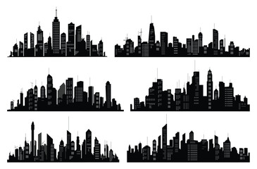 Black cities silhouette collection. Horizontal skyline set in flat style isolated on white. Cityscape with windows, urban panorama of night town.