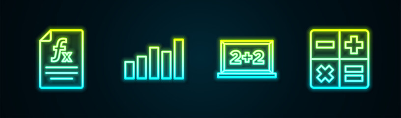 Poster - Set line Function mathematical symbol, Graph, schedule, chart, diagram, Chalkboard and Calculator. Glowing neon icon. Vector