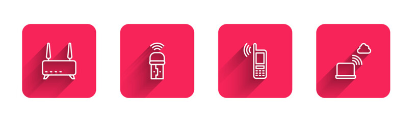 Poster - Set line Router and wi-fi signal, Usb wireless adapter, Mobile with and Network cloud connection with long shadow. Red square button. Vector