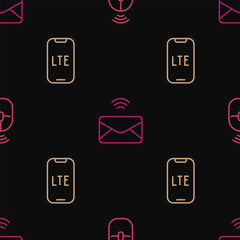 Poster - Set line Wireless computer mouse, LTE network and Mail and e-mail on seamless pattern. Vector