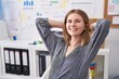 © Krakenimages.com - Young blonde woman business worker relaxed with hands on head at office