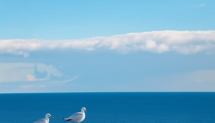 Wall Mural - Seagull flying over tranquil coastline, reflecting in clear blue water generated by AI