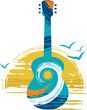 acoustic folk guitar with sea waves pattern against sunset stylised icon music festival logo poster