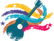 folk blues acoustic guitar in multicolour with grunge sound waves and stars festival merchandise promotion logo