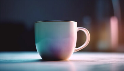 Sticker - Hot coffee mug on wooden table in coffee shop window generated by AI