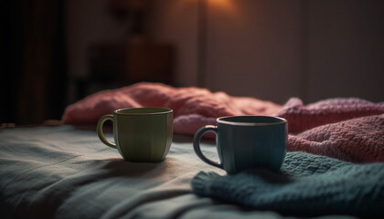 Sticker - Cozy bedroom with hot coffee, wool blanket, and relaxing book generated by AI