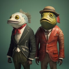 Two Man Fish Anthropomorphic Person in clothes, gentleman: suite and cap. This exciting and creative creature is powerful, unique, and extremely effective at turning heads.