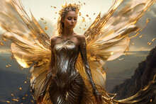 Fantasy Beautiful Young Woman Or Fairy With Golden Wings