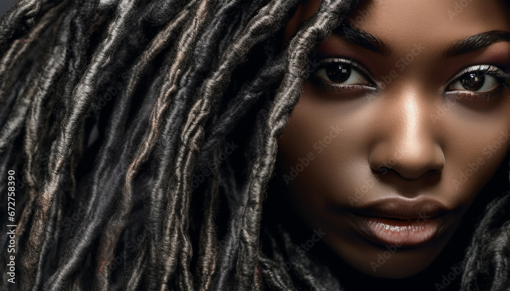 Young African black female with dreadlocks hair. Beauty product ...