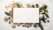 Christmas white frame made of fir branches, festive decorations, pine cones, gold balls on white wooden table. Christmas background. Flat lay. top view with copy space