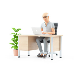 3d senior man working on laptop at office