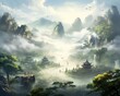Chinese kung fu landscape is an artwork that depicts a serene Chinese.