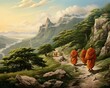 Chinese monks are walking on mountns with buddhist monks.