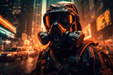 Futuristic Soldier With Gas Mask In Burning Night City